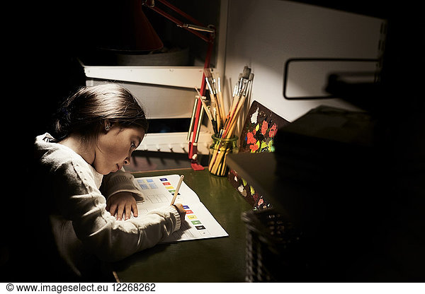 High angle view of girl studying while sitting at illuminated desk in darkroom