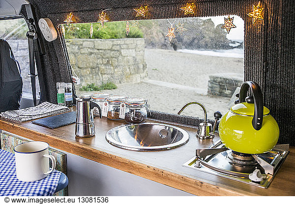 High angle view of kitchen in motor home