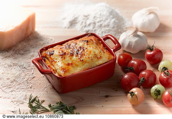 High angle view of lasagne in rectangular casserole dish