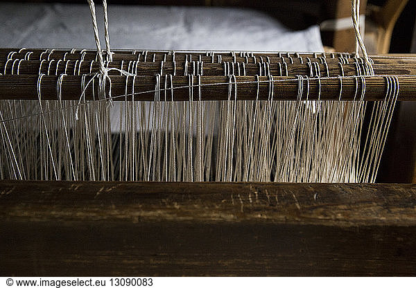 High angle view of loom in textile industry