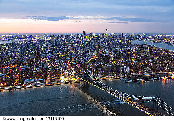 High angle view of Manhattan Bridge over East River in New York city
