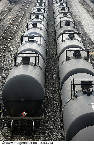 High angle view of petroleum railroad cars in a row  California.