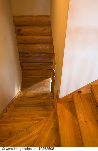 High angle view of pine wood staircase