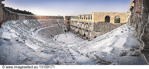 High angle view of Roman theater in Aspendos against sky during sunset