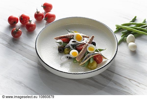 High angle view of San Remo tuna and egg salad on shallow serving dish
