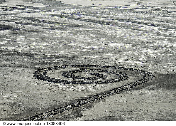 High angle view of spiral pattern on sand at Great Salt Lake