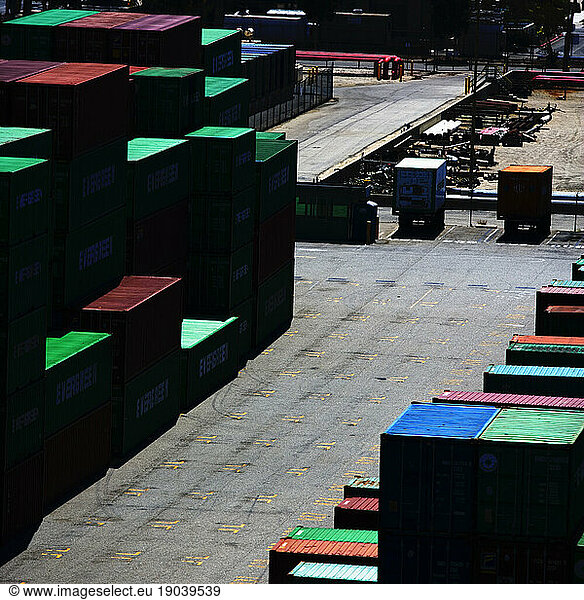 High angle view of stacked shipping containers  the Ports of Long Beach and Los Angeles  California.
