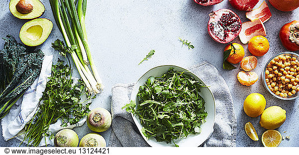 High angle view of various fruits and vegetables on table
