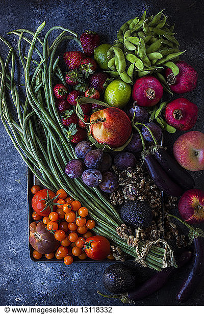 High angle view of vegetables and fruits in tray