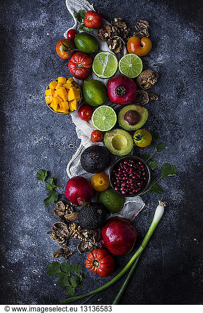 High angle view of vegetables and fruits on slate