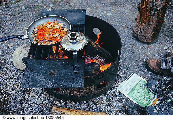 High angle view of vegetables in cooking pan on fire pit at campsite