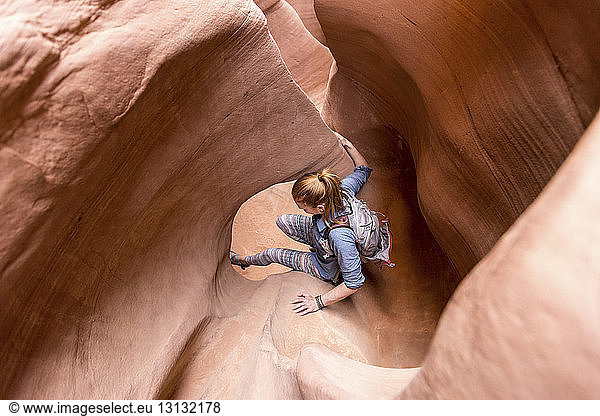 High angle view of woman hiking in Escalante Canyons