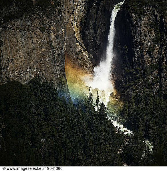 High contrast close up of Yosemite Falls from Four Mile Trail in Yosemite National Park.