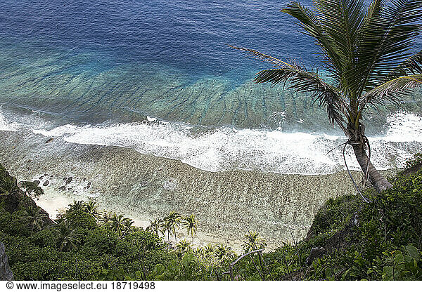 High view of fringing reef and breaking waves  Samoa