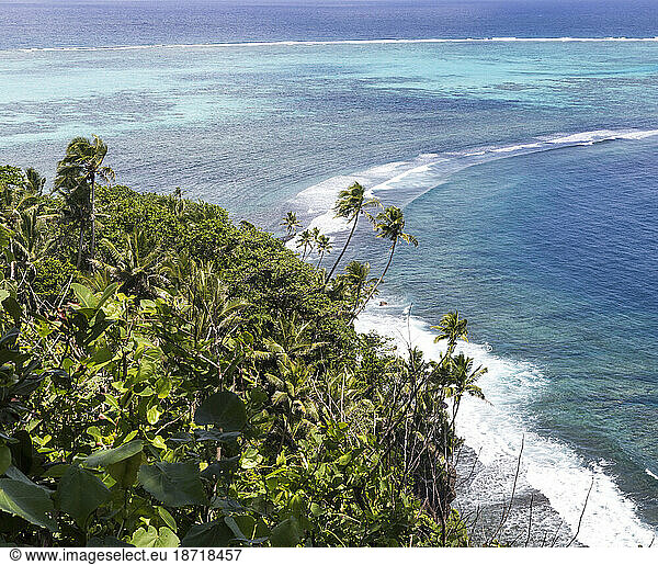 High view of reef lagoon and top of an island  Samoa