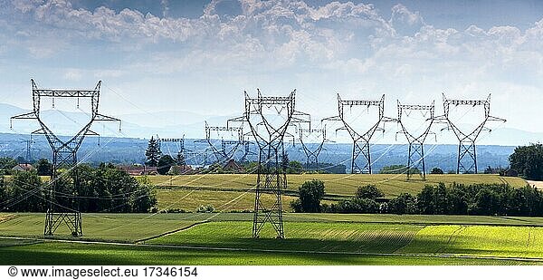 High voltage lines  Allier department  Auvergne Rhone Alpes  France  Europe