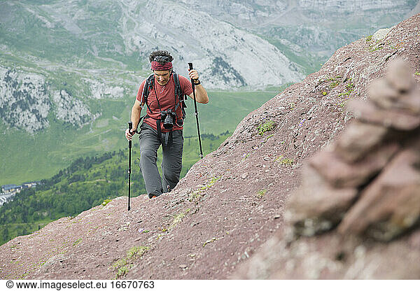 Hiker in Canfranc Valley  Pyrenees in Spain.