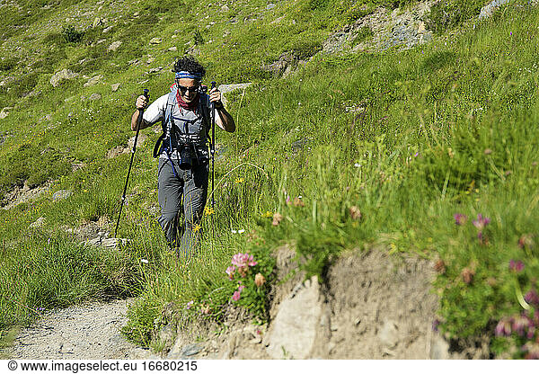 Hiker in Tena Valley  Pyrenees in Spain.