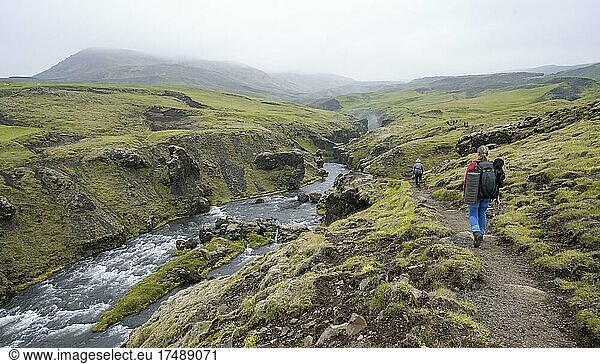 Hiker on a hiking trail  landscape at Fimmvörðuháls hiking trail  South Iceland  Iceland  Europe