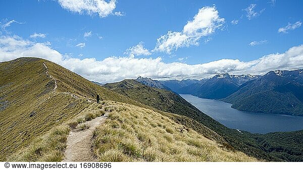 Hiker on Kepler Track  view of the South Fiord of Lake Te Anau  Murchison Mountains and Kepler Mountains in the back  Great Walk  Fiordland National Park  Southland  New Zealand  Oceania