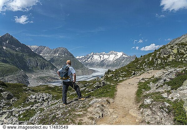 Hikers at the Aletsch Glacier World Heritage Site  Riederalp  Valais  Switzerland  Europe
