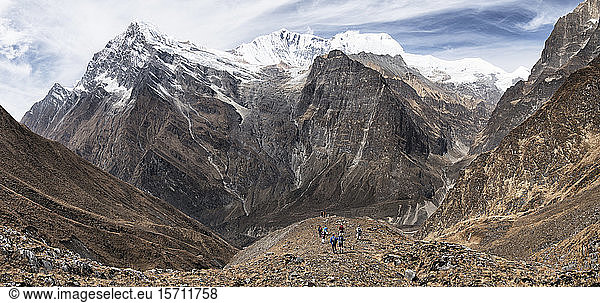 Hikers at Tsaurabong Peak  Italian Base Camp  Dhaulagiri Circuit Trek  Himalaya  Nepal
