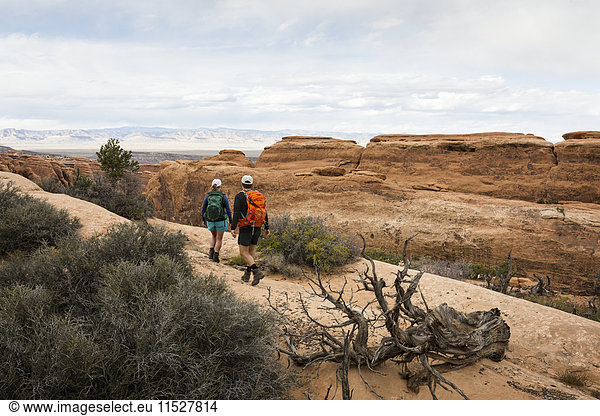 Hikers in rocky landscape