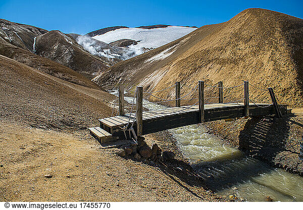 hiking bridge at Kerlingafjoll mountains in central Iceland