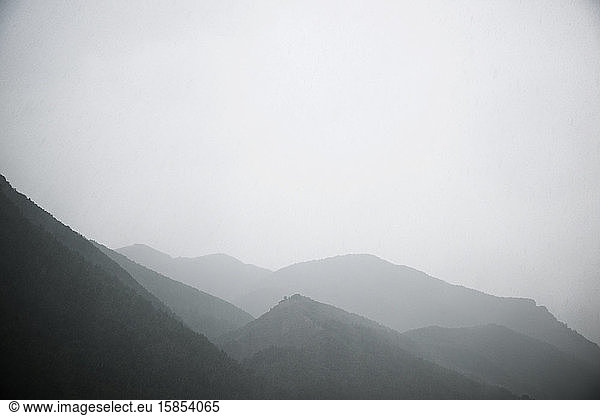Hilly landscape during a storm in the Pyrenees.