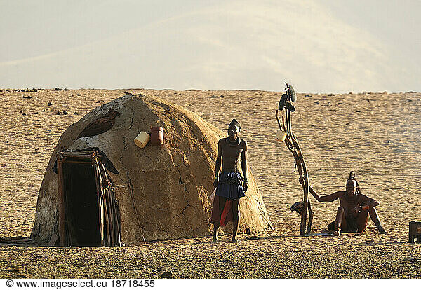 Himba village near Serra Cafema Wilderness Safaris at Kunene Riv  Kunene Region  Namibia