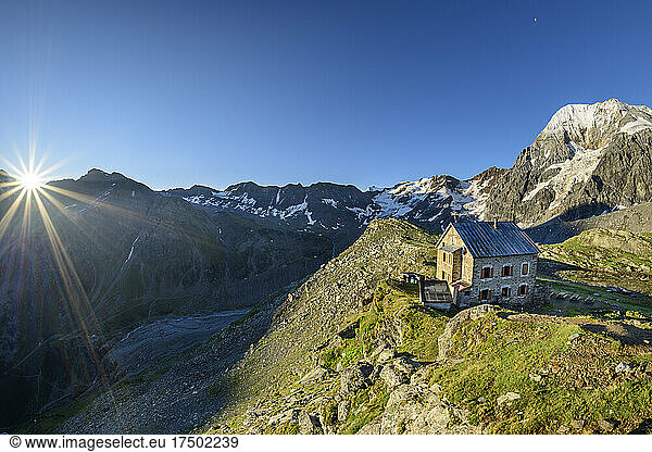 Hintergrathutte refuge in Ortler Alps at sunrise