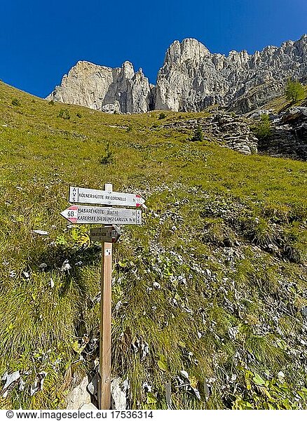 Hinweis Wanderweg  Rosengarten  Dolomiten  Trentino  Südtirol  Italien  Europa