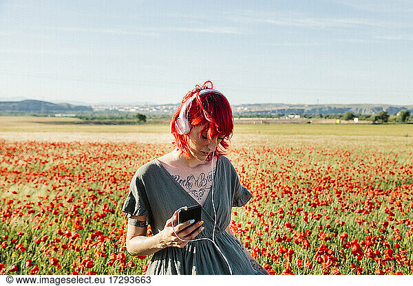 Hipster-Frau mit Smartphone auf einem Feld stehend