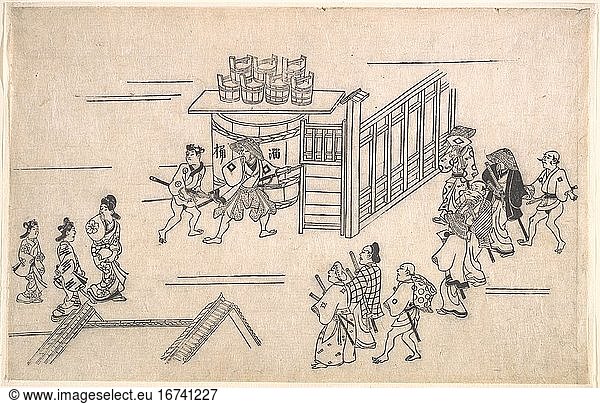 Hishikawa Moronobu 1694. Print  ca. 1615–1868. Edo period (1615–1868).
Monochrome woodblock print; ink on paper  26.7 × 41.3 cm.
Inv. Nr. JP3067
New York  Metropolitan Museum of Art.