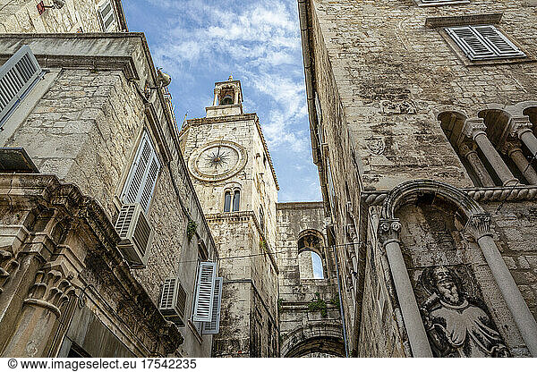 Historic clock tower in old town  Diocletian's Palace  Split  Dalmatia  Croatia