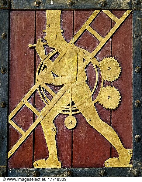Historic figure on the door to the Ratskeller representing the craft of the chimney sweep  Lübeck  Schleswig-Holstein  Germany  Europe