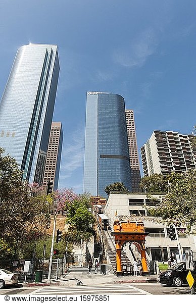 Historic funicular railway Angels Flight with both cars in operation  Bunker Hill  Downtown Los Angeles  Los Angeles  California  USA  North America