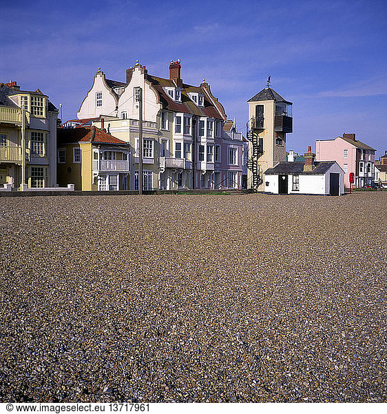 Historic look-out tower seafront buildings and shingle beach  Aldeburgh  Suffolk  England