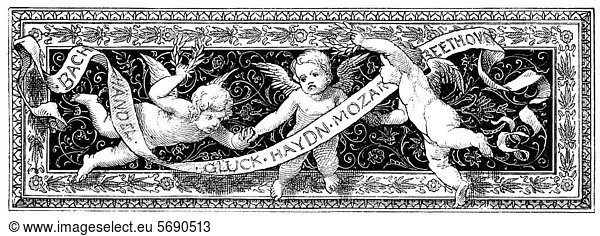 Historical drawing from the 19th Century  decorative banner with putti and a ribbon with the names of classical composers  Bach  Handel  Beethoven and Mozart