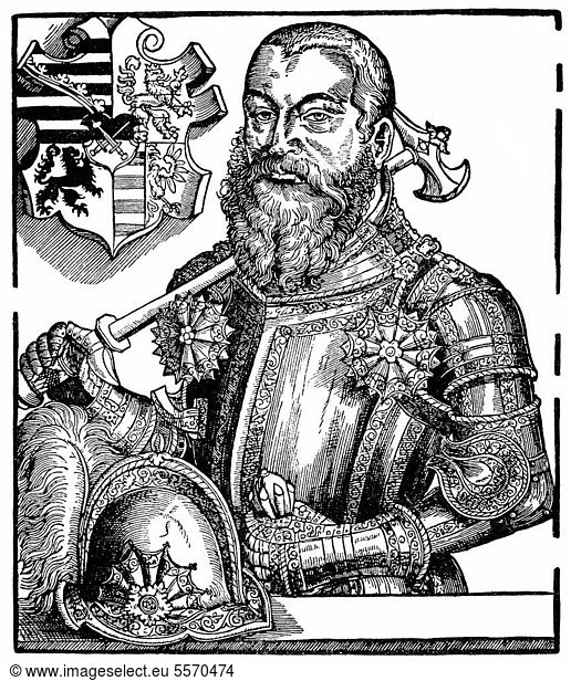Historical illustration from the 19th century  portrait of Maurice of Saxony  1521 - 1553  a native of the House of Wettin Albertine Duke  Duke of Saxony  Elector of the Holy Roman Empire