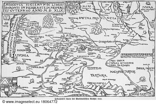 Historical map 1549  16th century  Eastern Europe  Moscow  Moldavia  Lithuania  Latvia  Lake Ladoga  Northern Europe  Finland  Baltic Sea  Siberia  Caspian Sea  Tartars  ornaments  Europe