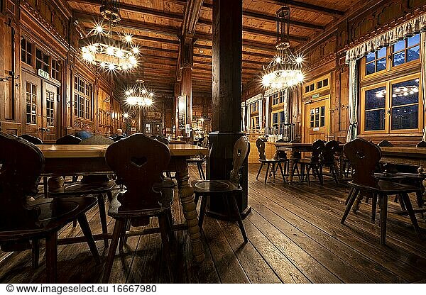 Historical restaurant of the Berliner Hütte  interior  Zillertal  Tyrol  Austria  Europe