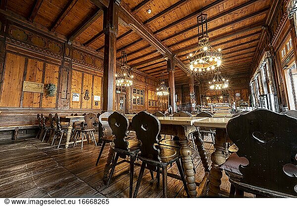 Historical restaurant of the Berliner Hütte  interior  Zillertal  Tyrol  Austria  Europe