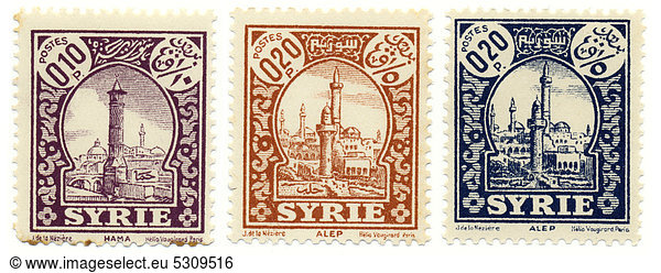 Historische Briefmarken aus Syrien  Stadtansichten von Hama und Aleppo  Arabische Republik Syrien