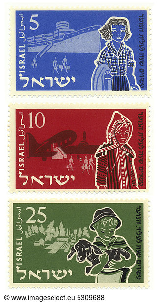 Historische Briefmarken  zwanzigster Jahrestag von Youth Aliyah  die jüdische Organisation zur Rettung von Kindern aus NS-Deutschland  1955  Israel  Asien