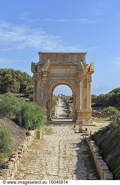 Historische Straße mit dem Triumphbogen des Septimius Severus  Ruinenstadt Leptis Magna  Libyen  Afrika