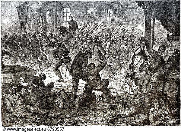 Historische Zeichnung  Szene aus der Schlacht bei Gravelotte am 16. August 1870  Deutsch-Französischer Krieg von 1870 - 1871 zwischen dem Kaiserreich Frankreich und dem Königreich Preußen
