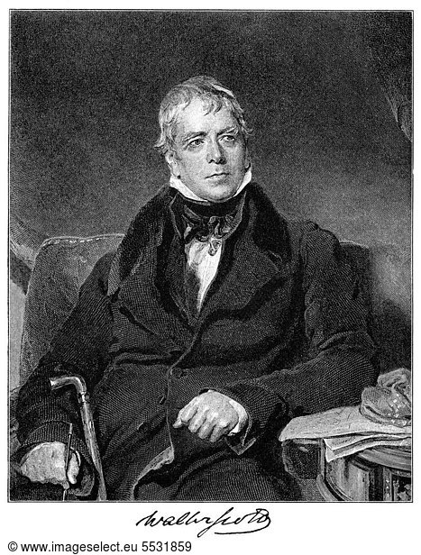 Historischer Druck aus dem 19. Jahrhundert  Portrait von Sir Walter Scott  1. Baronet von Abbotsford  1771 - 1832  ein schottischer Dichter und Schriftsteller