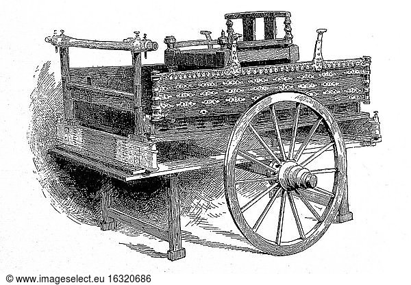 Historischer Wagen aus England. Prähistorischer Wagen aus Dänemark. Museum von South Kensington. Antike Illustration. 1886.