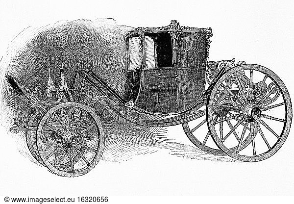 Historischer Wagen aus England. Wagen aus der Zeit von Georg III. Museum von South Kensington. Antike Illustration. 1886.